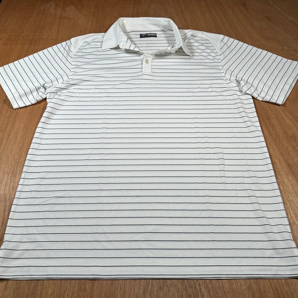 Callaway Polo Shirt Mens XL White Striped Opti-Dri Performance Golf Short Sleeve